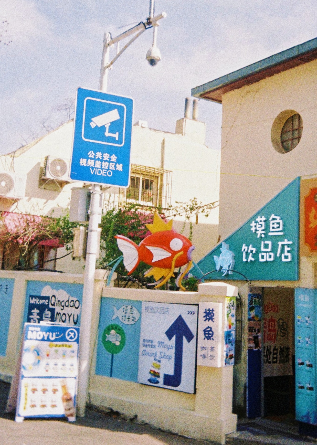 picture taken by an intern in China. It represents the Pokemon Magikarp, sculpted and positions infront of a shop in Qingdao, China